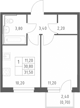 Планировка: 1-комнатная квартира 30,8 м² в ЖК «Химки Парк»