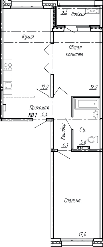 Планировка: Евротрёшка 62,5 м² в ЖК «Сибирь»