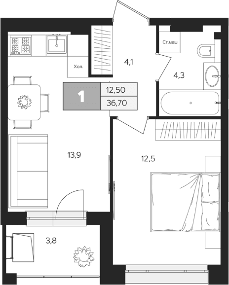 Планировка: 1-комнатная квартира 34,8 м² в ЖК «Ласточкино»