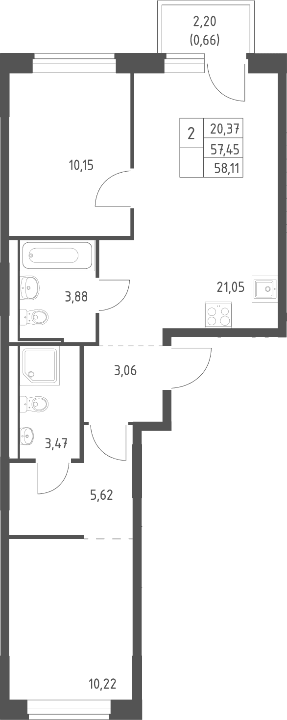 Планировка: Евротрёшка 57,5 м² в ЖК «Квартал Ивакино»