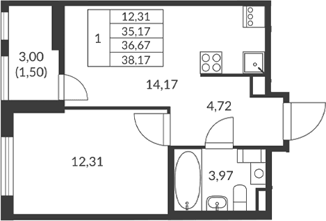 Планировка: 1-комнатная квартира 35,2 м² в ЖК «Амурино»