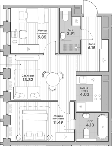 Планировка: Евротрёшка 52,9 м² в ЖК «ИНДИВО»