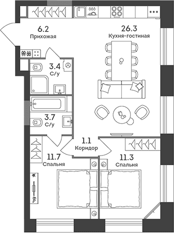 Планировка: Евротрёшка 63,7 м² в ЖК «ЭРА»