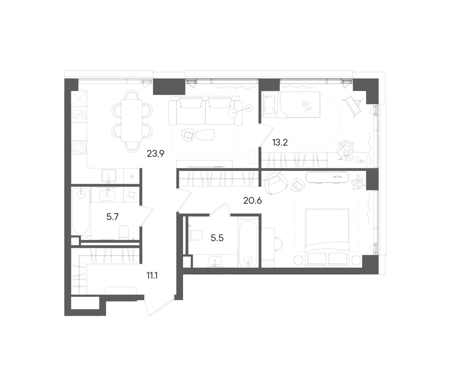 Планировка: Евротрёшка 80 м² в ЖК «СТОУН Грэйн»