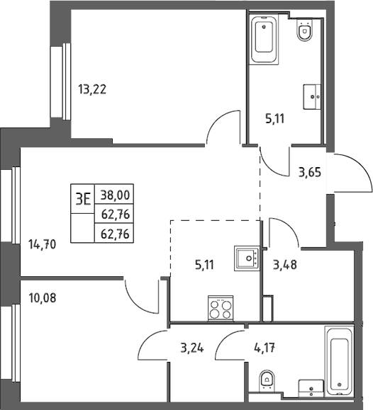 Планировка: Евротрёшка 62,8 м² в ЖК «Заречье Парк»