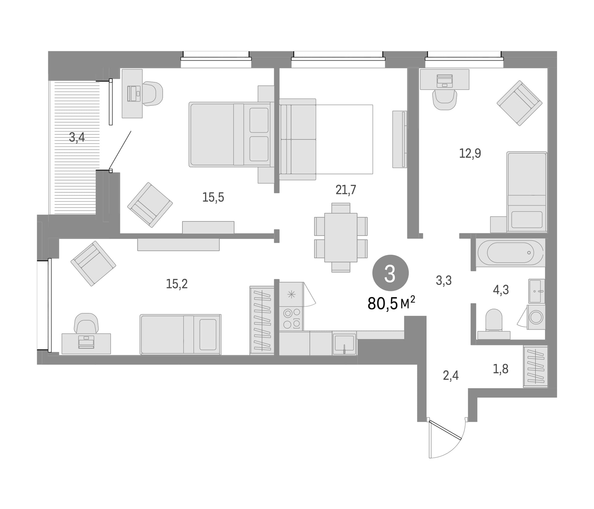 Планировка: 3-комнатная квартира 77,1 м² в ЖК «Северный ветер»