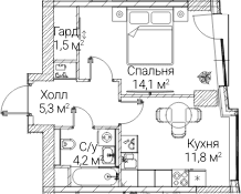 Планировка: 1-комнатная квартира 36,7 м² в ЖК «СЕЗАР БУДУЩЕЕ»