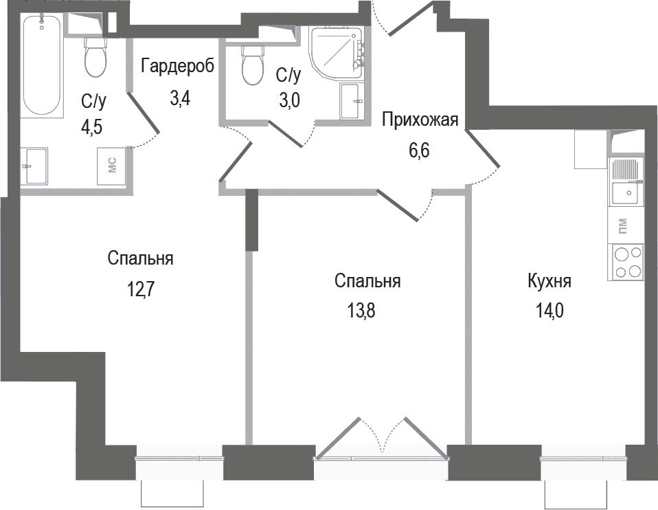 Планировка: 2-комнатная квартира 58 м² в ЖК «Киноквартал»