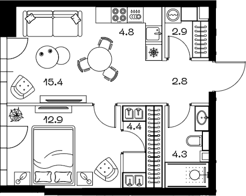Планировка: Евродвушка 47,5 м² в ЖК «SHIFT»
