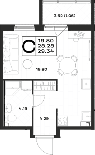 Планировка: Студия 28,3 м² в ЖК «Имена»