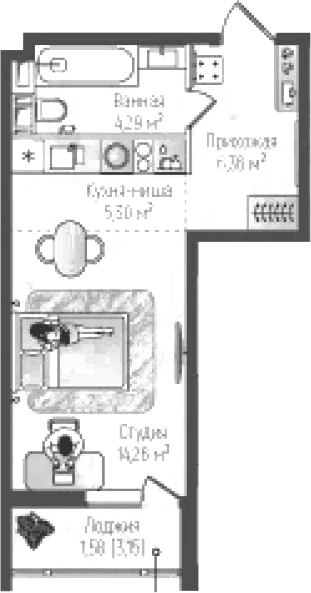 Планировка: Студия 30,2 м² в ЖК «Рига Хиллс»