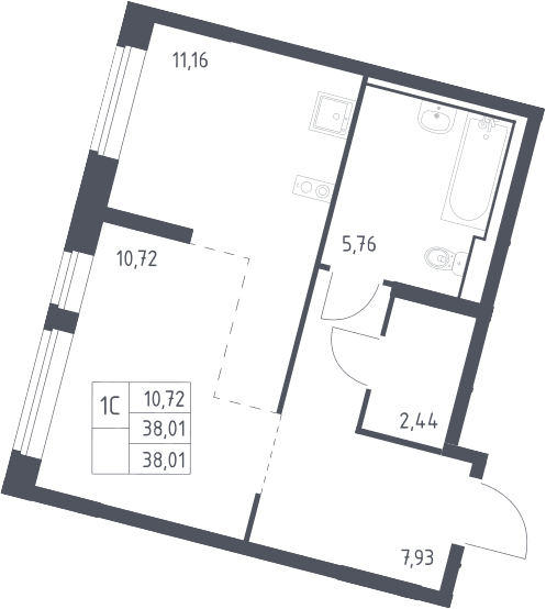 Планировка: Студия 38 м² в ЖК «Молжаниново»