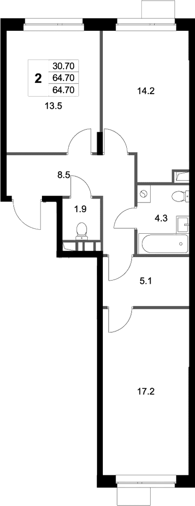 Планировка: 2-комнатная квартира 64,7 м² в ЖК «Легенда Марусино»