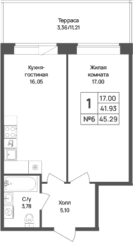 Планировка: Евродвушка 41,9 м² в ЖК «Капральский берег»