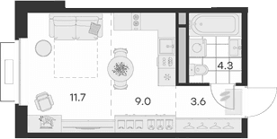 Планировка: Студия 28,6 м² в ЖК «Михалевич»