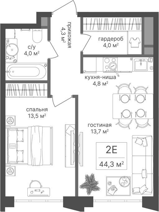 Планировка: Евродвушка 44,3 м² в ЖК «Михалковский»