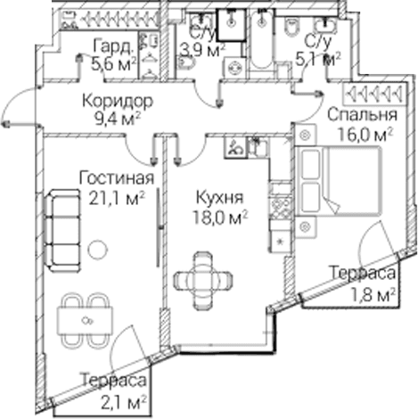 Планировка: 2-комнатная квартира 76,4 м² в ЖК «СЕЗАР БУДУЩЕЕ»