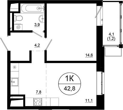 Планировка: Евродвушка 41,6 м² в ЖК «Союзный»