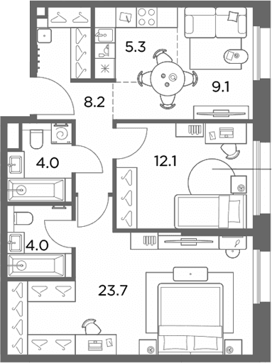 Планировка: Евротрёшка 66,4 м² в ЖК «Станиславский»