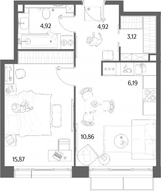 Планировка: Евродвушка 45,9 м² в ЖК «МЫС»