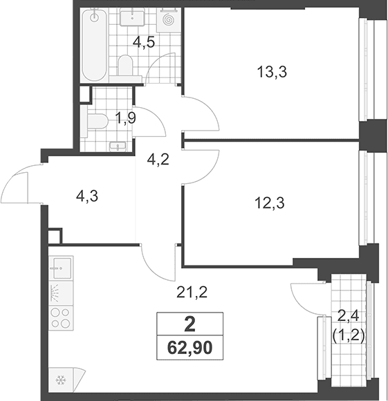 Планировка: Евротрёшка 61,7 м² в ЖК «Южные сады»