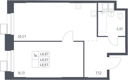 Планировка: Евродвушка 48,9 м² в ЖК «Тропарево Парк»