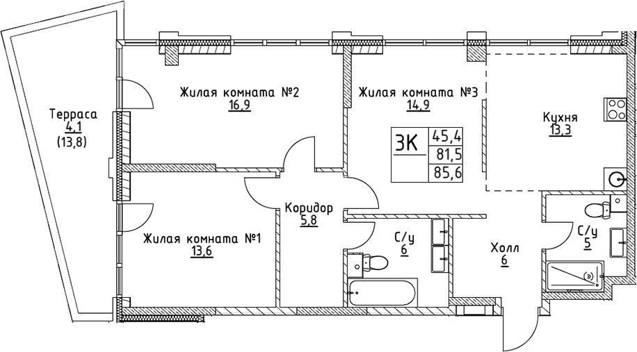 3-комнатная квартира