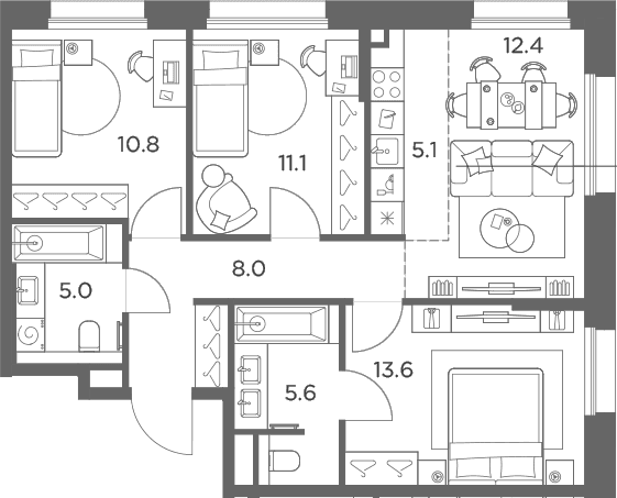Планировка: Квартира евро-4 71,6 м² в ЖК «Станиславский»