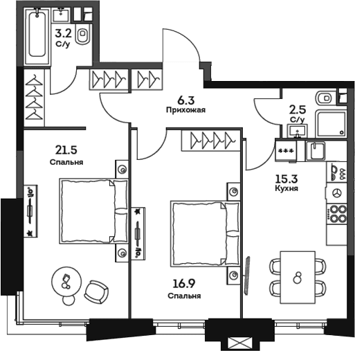 Планировка: 2-комнатная квартира 65,7 м² в ЖК «ТВЕЛВ»