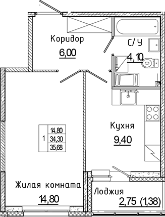Планировка: 1-комнатная квартира 34,3 м² в ЖК «Аквилон Янино»