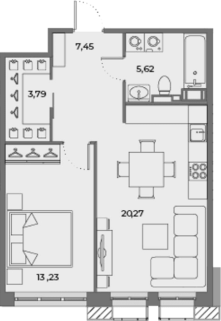 Планировка: Евродвушка 49,7 м² в ЖК «Взлетная 16»