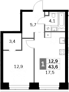 Планировка: 1-комнатная квартира 43,6 м² в ЖК «Амбер Сити»