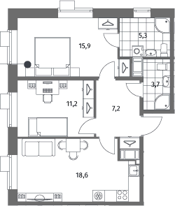 Планировка: Евротрёшка 61,9 м² в ЖК «Парусная 1»