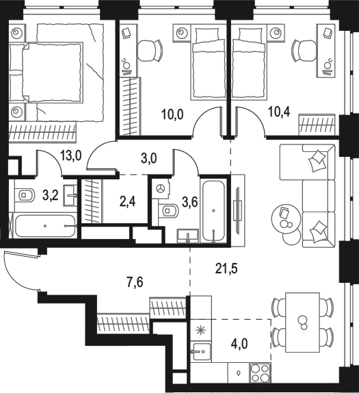 Планировка: Квартира евро-4 78,7 м² в ЖК «Левел Звенигородская»