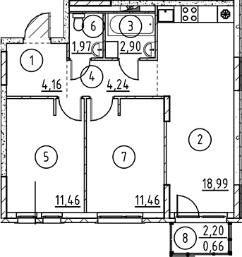 Планировка: Евротрёшка 55,2 м² в ЖК «Невская Долина»
