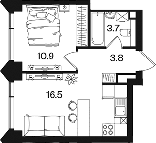 Планировка: Евродвушка 34,9 м² в ЖК «РАКУРС»