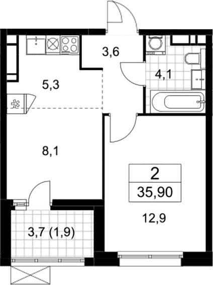 Планировка: Евродвушка 34 м² в ЖК «Скандинавия»