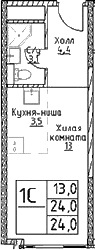 Планировка: Студия 24 м² в ЖК «Наметкин Тауэр»
