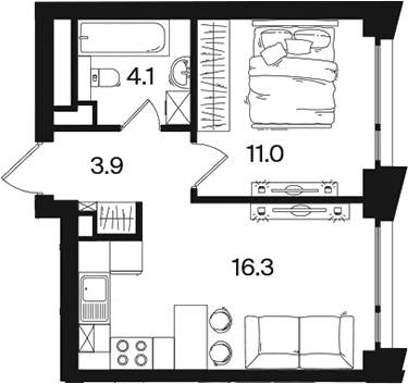 Планировка: Евродвушка 35,3 м² в ЖК «РАКУРС»