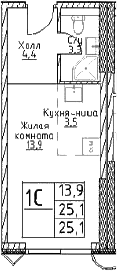 Планировка: Студия 25,1 м² в ЖК «Наметкин Тауэр»