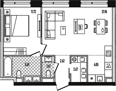 Планировка: Евродвушка 50,4 м² в ЖК «Репаблик»