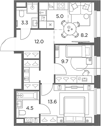 Планировка: Евротрёшка 56,3 м² в ЖК «Станиславский»