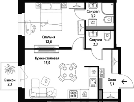 Планировка: Евродвушка 38,7 м² в ЖК «Экография»
