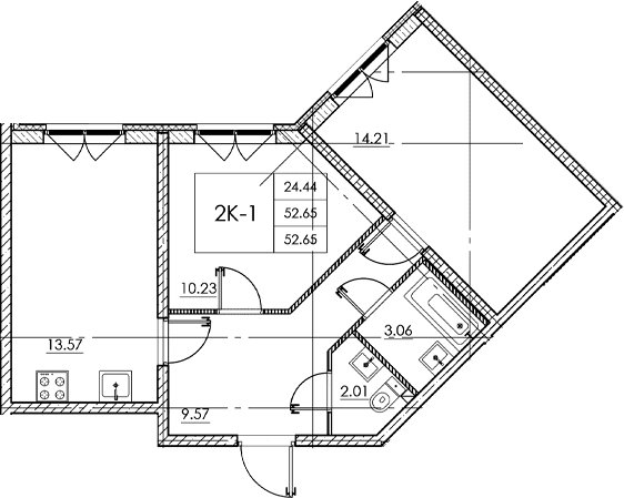 Планировка: 2-комнатная квартира 52,7 м² в ЖК «Стороны света 2»