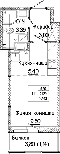 Планировка: Студия 21,3 м² в ЖК «Аквилон Янино»