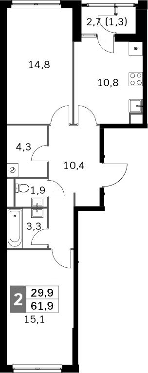 Планировка: 2-комнатная квартира 59,2 м² в ЖК «Скай Гарден»