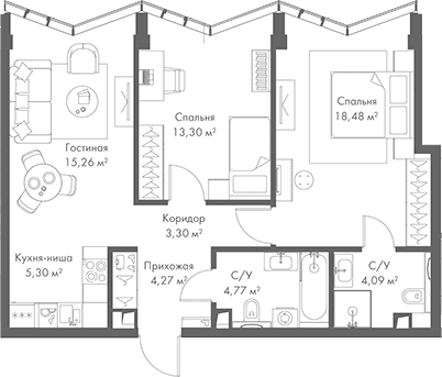 Планировка: Евротрёшка 68,8 м² в ЖК «МИРА»