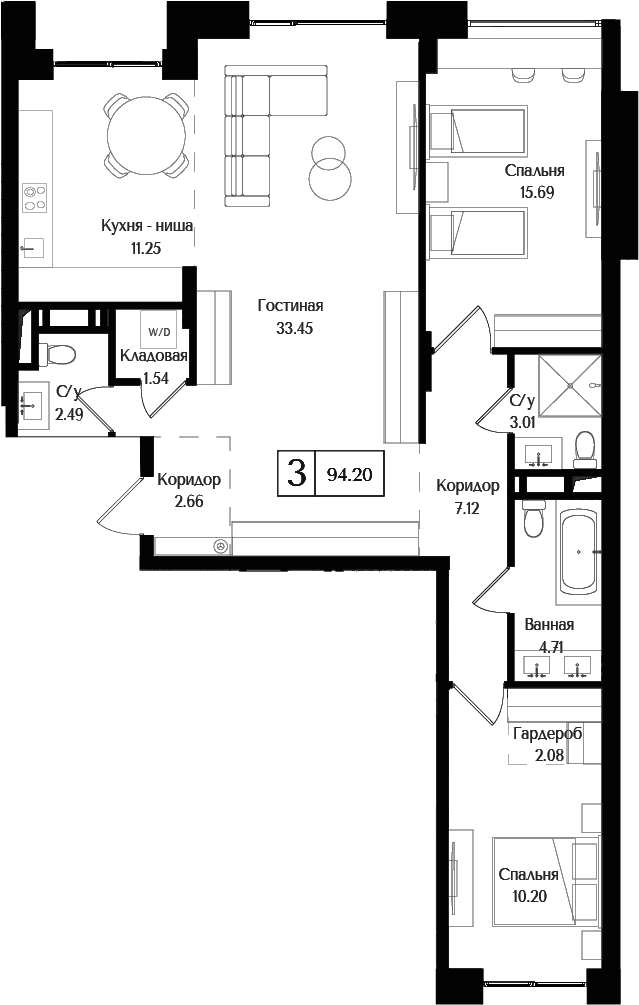 Планировка: Евротрёшка 94,2 м² в ЖК «Преображенская площадь»
