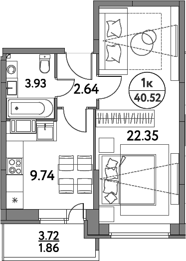Планировка: 1-комнатная квартира 38,7 м² в ЖК «Дом на Сиреневой»