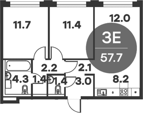 Планировка: Евротрёшка 57,7 м² в ЖК «Равновесие»